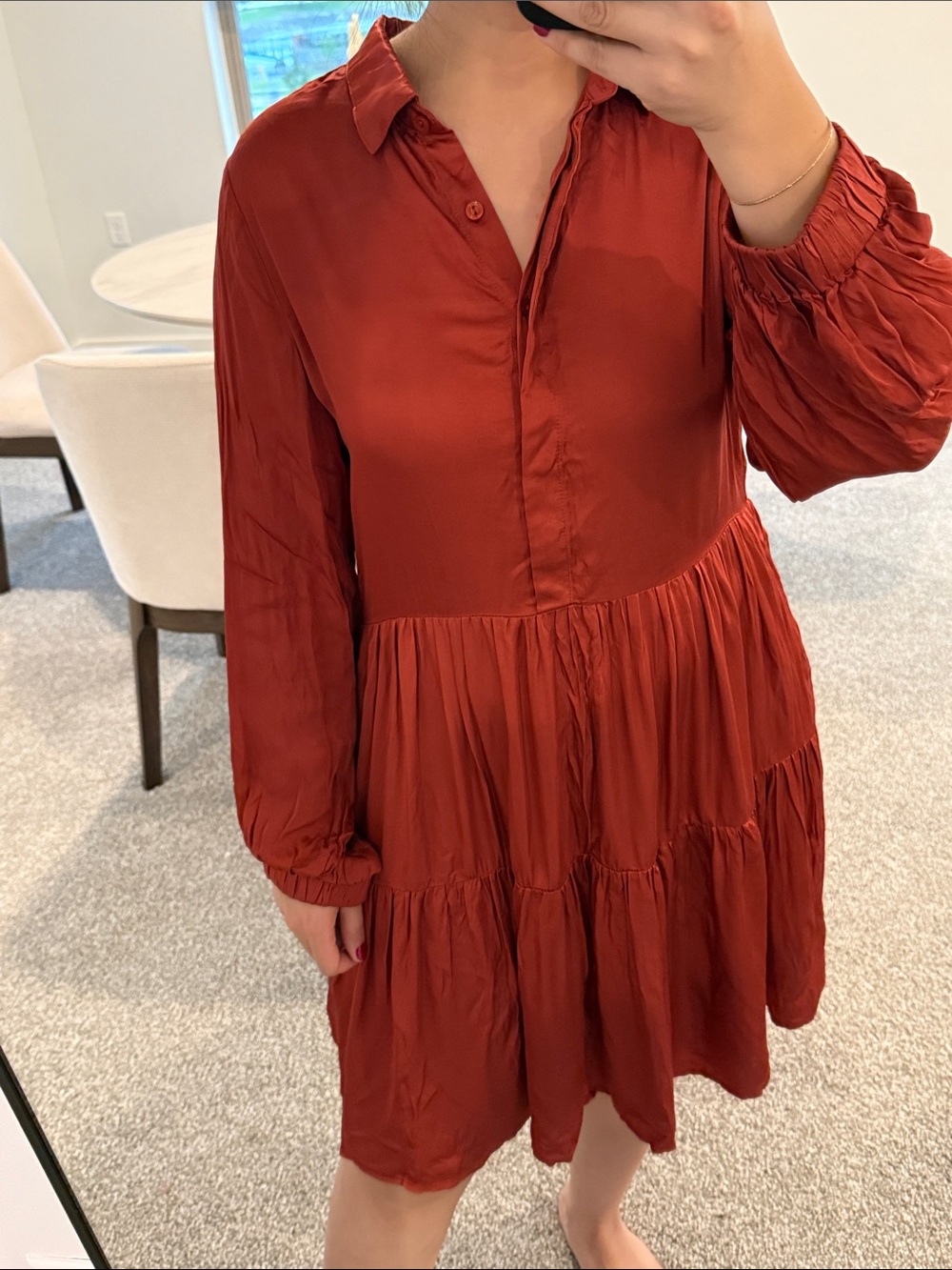 NWT YFB Rust Satin Tiered Shirt Dress Long Sleeve Boho Size S